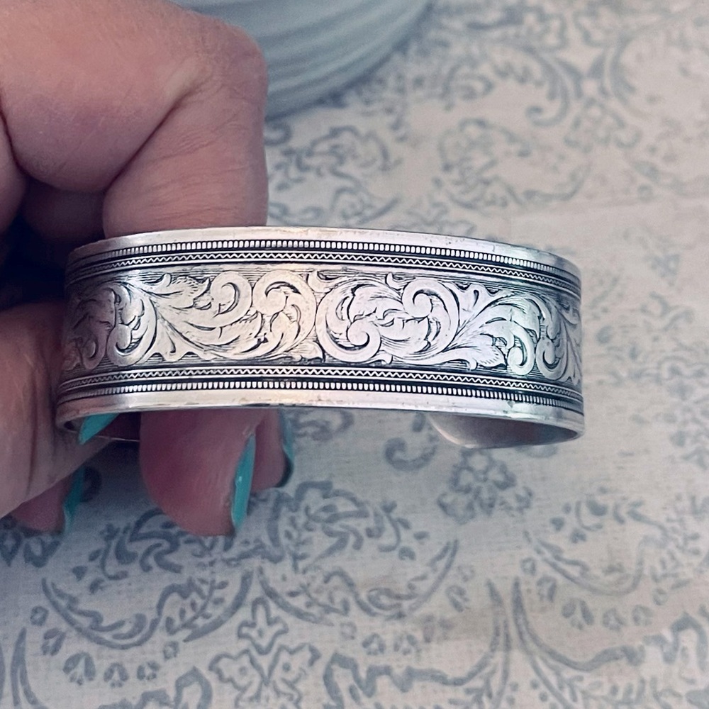 Cuff Bracelet Silver Boho Vintage Antique Handmade Floral Flower gypsy wrist